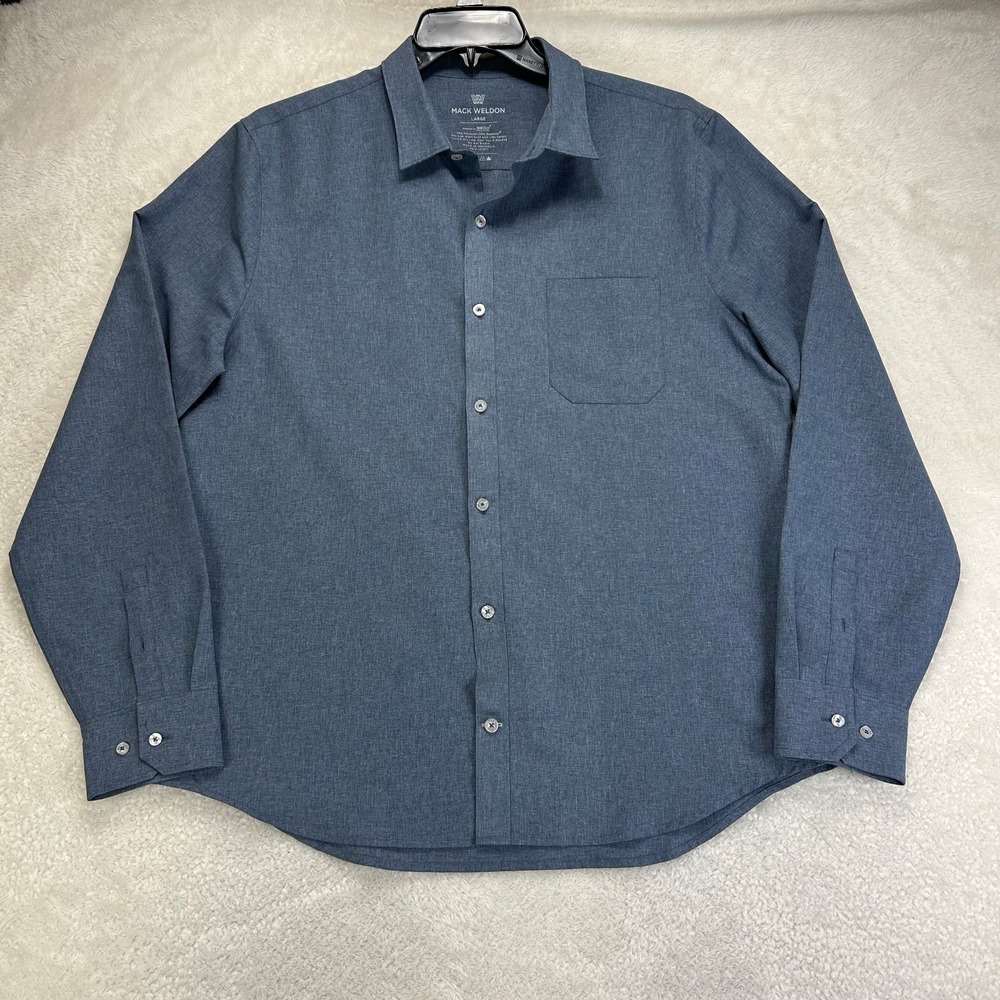 Mack Weldon Button Up Shirt Mens L Heather Blue Seawool Blend Long Sleeve Pocket